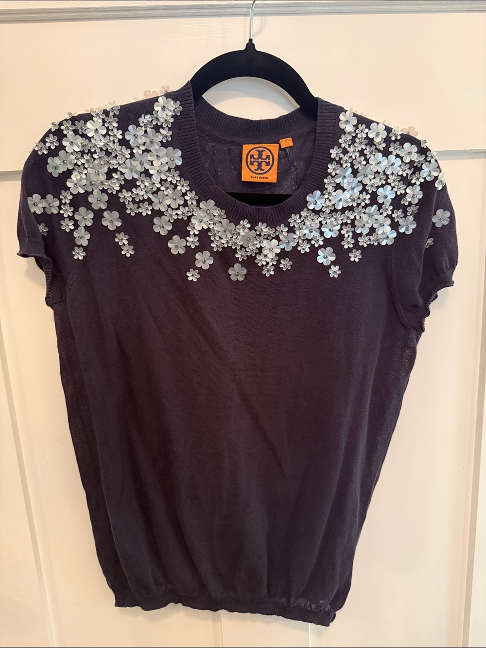 Tory Burch Navy Short-Sleeve Floral Sequin Knit Top Size S